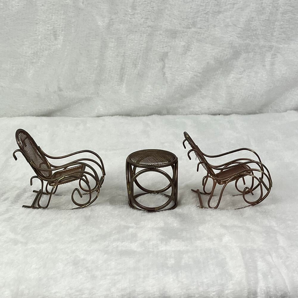 Vintage Brass Miniature Dollhouse Rocking Chairs & Table Set Woven Seat 1:12 - Picture 3 of 11